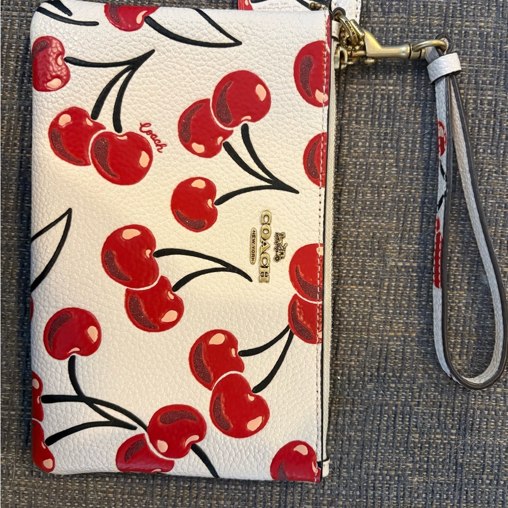 Coach White Cherry Print Wristlet Clutch with Red Cherries - Picture 3 of 5